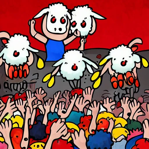 Image similar to happy cartoon sheep dancing on stage with angry crowd throwing tomatoes, digital painting, harsh lights, fun, silly, garry larson