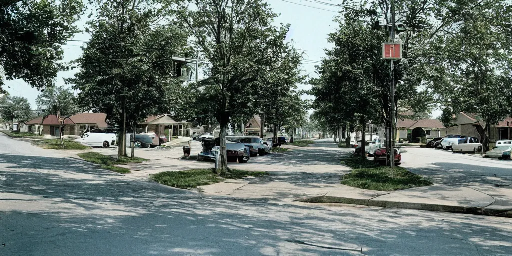 Image similar to a 90s photograph of a american suburban street at afternoon