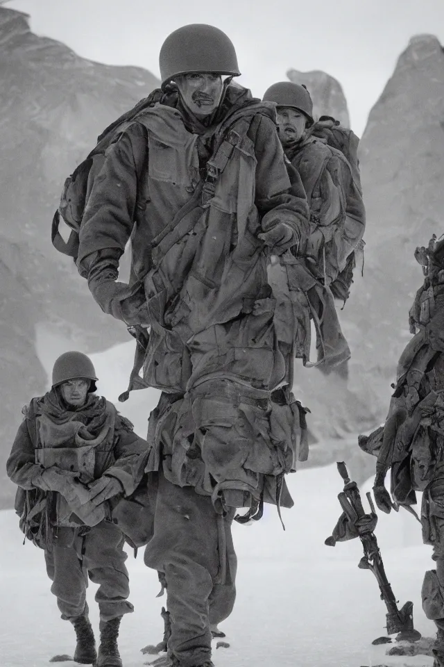 Prompt: a portrait of ww 2 american soldiers entering agartha from antarctica, realistic, highly detailed, fantasy, early 2 1 st century film quality, b & w, 4 k