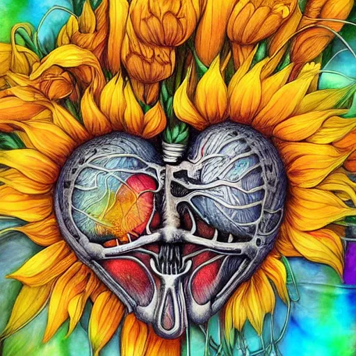 Prompt: a beautiful stunning interesting detailed matte digital watercolor painting by Larisa Novik of an anatomically correct heart bursting out of an anatomically correct skeletal rib-cage and exploding into rainbows and sunflowers, vibrant color palette, epic mind-blowing gorgeous grunge, trending on artstation hq