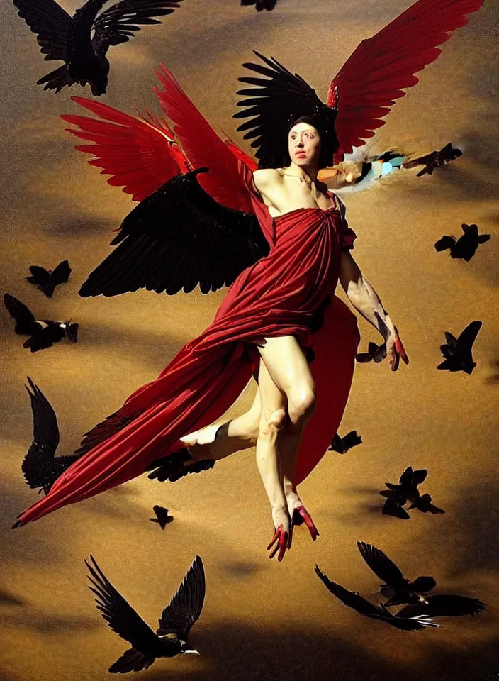 Prompt: black icarus in a red puffy dress with white wings stands on a liquid boiling red wax from which bones and branches stick out, many birds and black roses fly around, a dark background, full height view, wide angle, epic, oil painting in a renaissance style , very detailed, painted by Caravaggio, Greg rutkowski, Sachin Teng, Thomas Kindkade, Norman Rockwell, Tom Bagshaw.