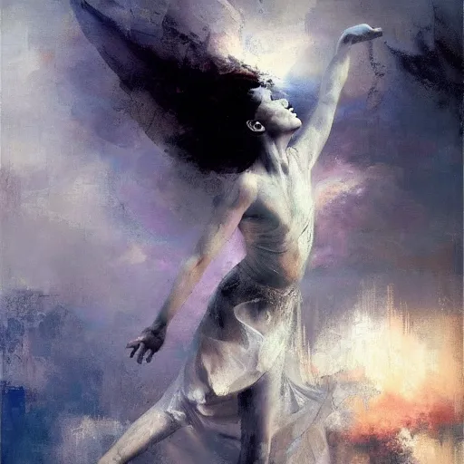 Image similar to painting of a beautiful surreal goddess, dancing on a cloud, by Jeremy Mann and Jason Jenicke, detailed, stylized, loose brush strokes, intricate, realistic, exaggerated lighting, sense of scale, sensual