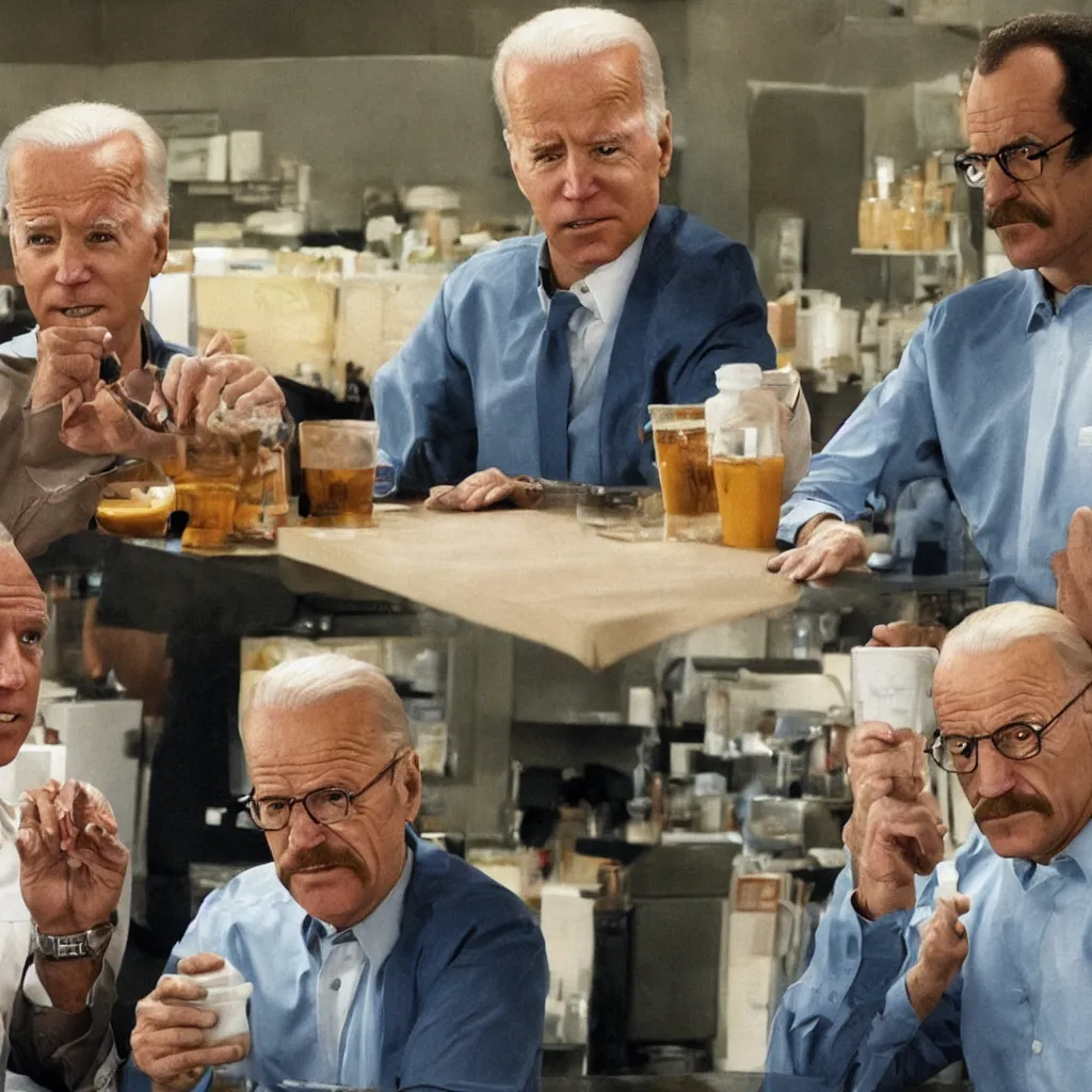 Prompt: Joe biden and Walter White in Los Pollos Hermanos, photorealistic