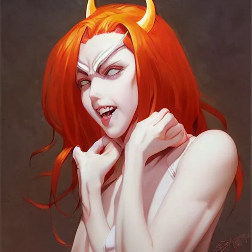 Prompt: a girl with red hair, white eyes, and demon horns with a devious grin. By JC Leyendecker Phuoc Quan. Makoto shinkai