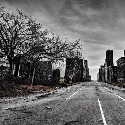 Image similar to new york abandoned, post apocalyptic, damage road