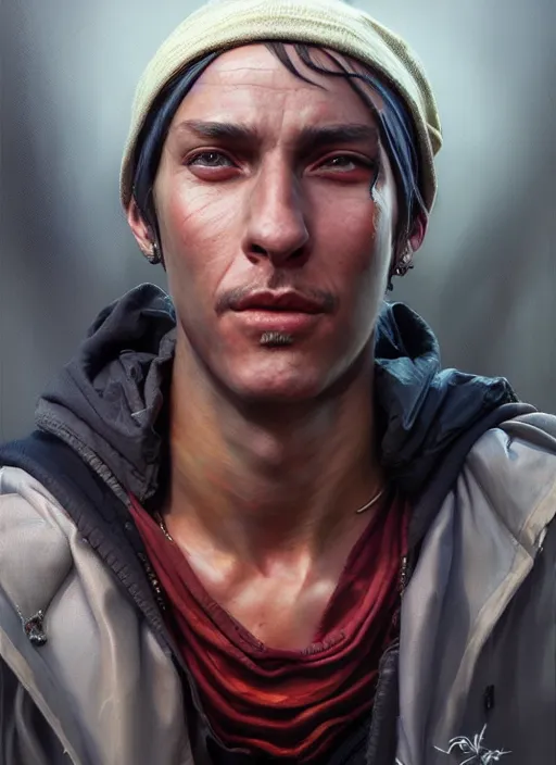 Prompt: a _ fantasy _ style _ portrait _ painting _ of street tramp oil _ painting _ unreal _ 5 _ daz. _ rpg _ portrait _ extremely _ detailed _ artgerm _ greg _ rutkowski _ greg