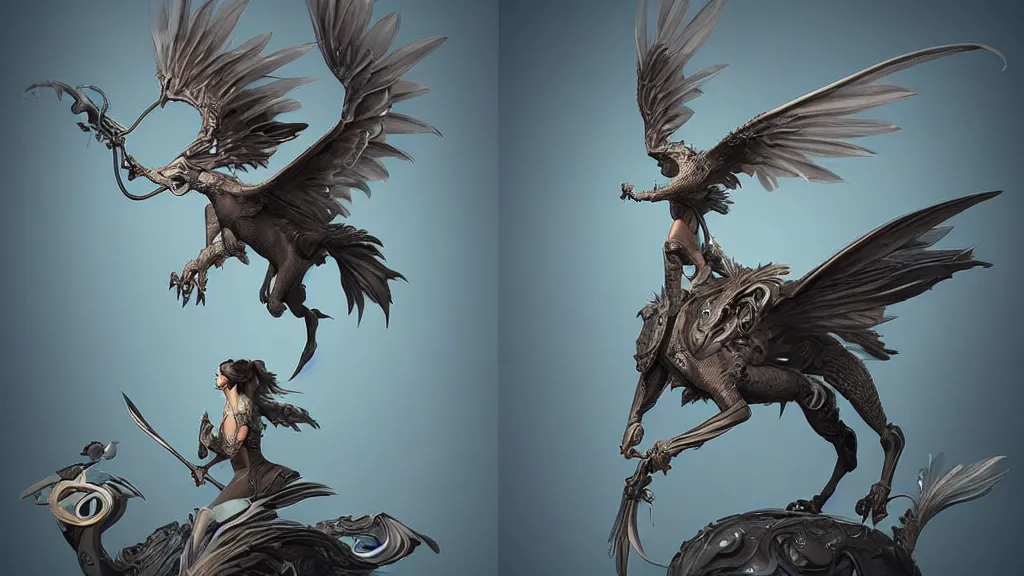 Image similar to a highly detailed 3 d render of futuristic woman riding a stunning gryphon in the style of peter mohrbacher by weta digital and beth cavener, masterpiece, award winning, high face symmetry, intricate