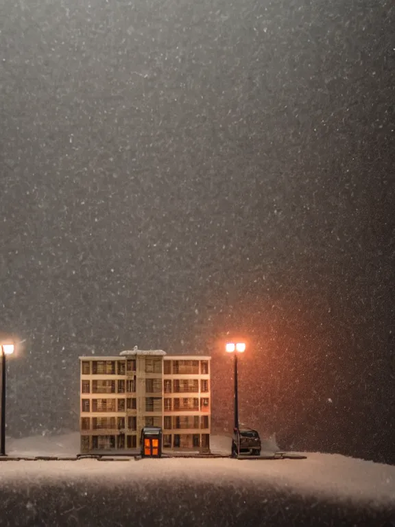 Prompt: detailed miniature diorama a soviet residential building, brutalism architecture, lights are on in the windows, car parking nearby, elderly man passing by, dark night, cozy and peaceful atmosphere, fog, cold winter, snowing, streetlamps with orange light, several birches nearby