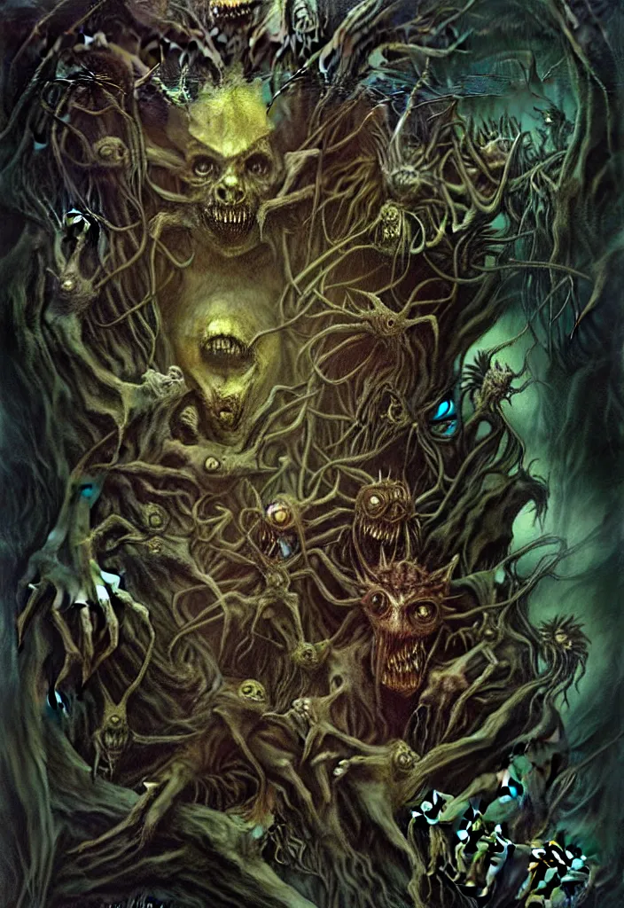 Prompt: an eerie uncanny hell with strange eerie magical scary creatures, horror, concept art, detailed, award - winning, by guillermo del toro, by brian froud