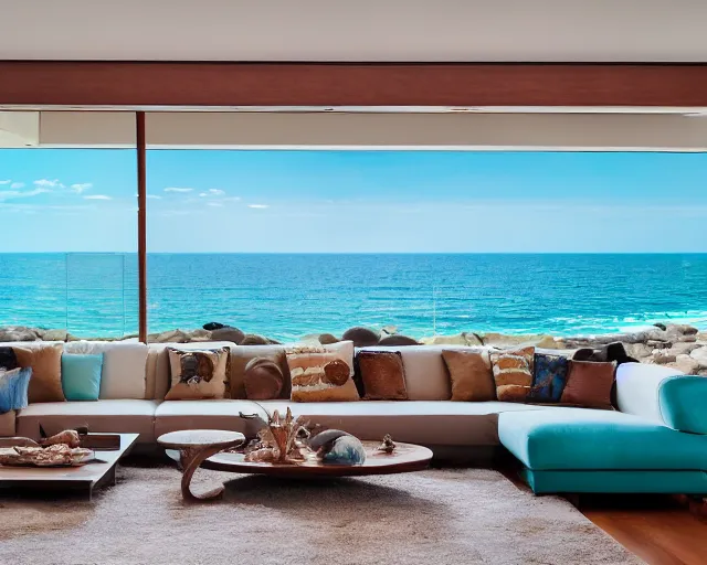 Image similar to A modern living room in a ocean hues style next to a big terrace overlooking the ocean, a luxurious wooden coffee table with large seashells on top in the center, amazing detail, 8k resolution, inspired by the ocean, calm, relaxed style, harmony, wide angle shot