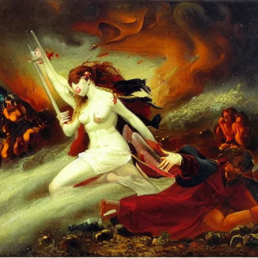 Prompt: battle between heaven and hell, romantic painting, 1 8 6 3