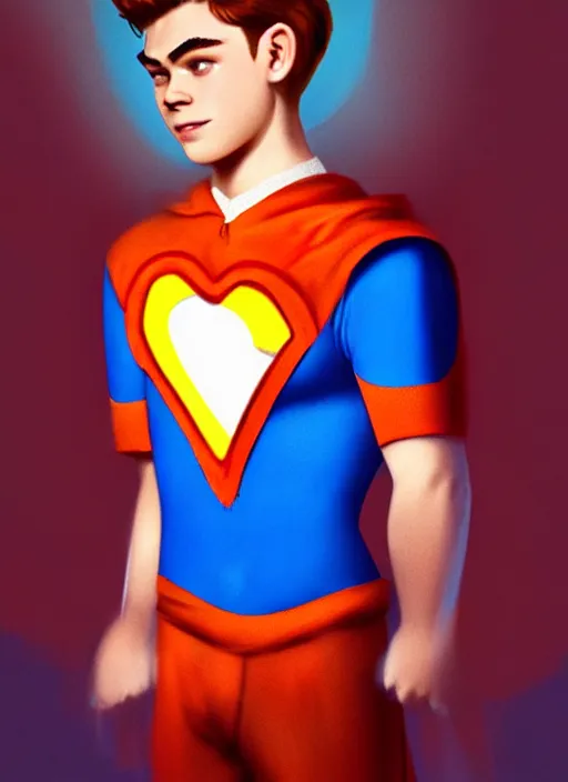 Image similar to friendly teenage archie andrews wearing an orange superhero costume with heart logo, heart, freckles, blue cape, heart emblem on chest, blue cape, intricate, elegant, glowing lights, highly detailed, digital painting, artstation, sharp focus, illustration, art by wlop, mars ravelo and greg rutkowski