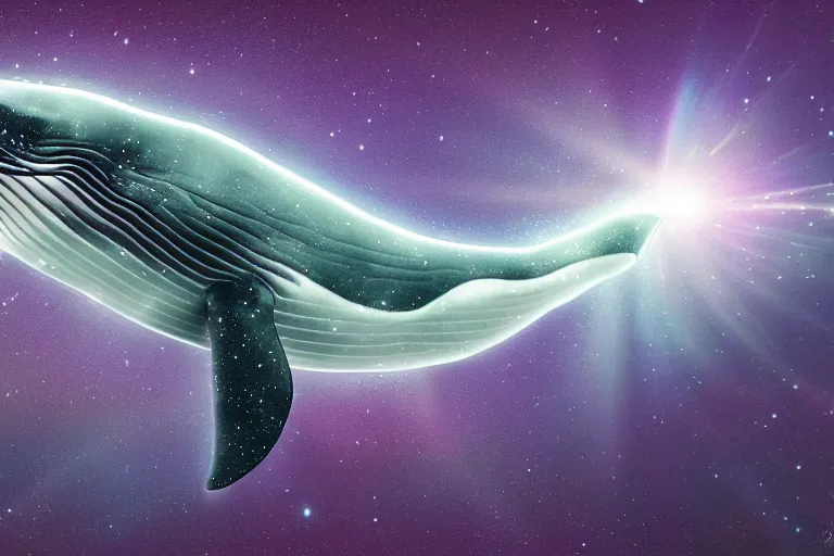 Image similar to a bioluminescent humpback whale swimming through the cosmos, digital art, photorealistic