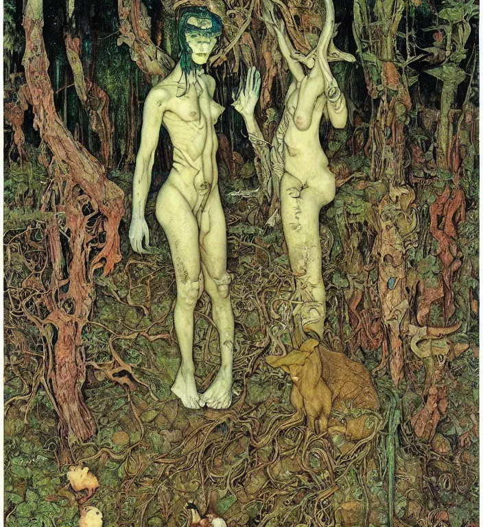 Prompt: person in the forest with a goat and a robot by Ivan Bilibin, Austin Osman Spare, Norman Rockwell, high quality, ultra detailed. Beksinski painting, part by Adrian Ghenie and Gerhard Richter. art by Takato Yamamoto. masterpiece