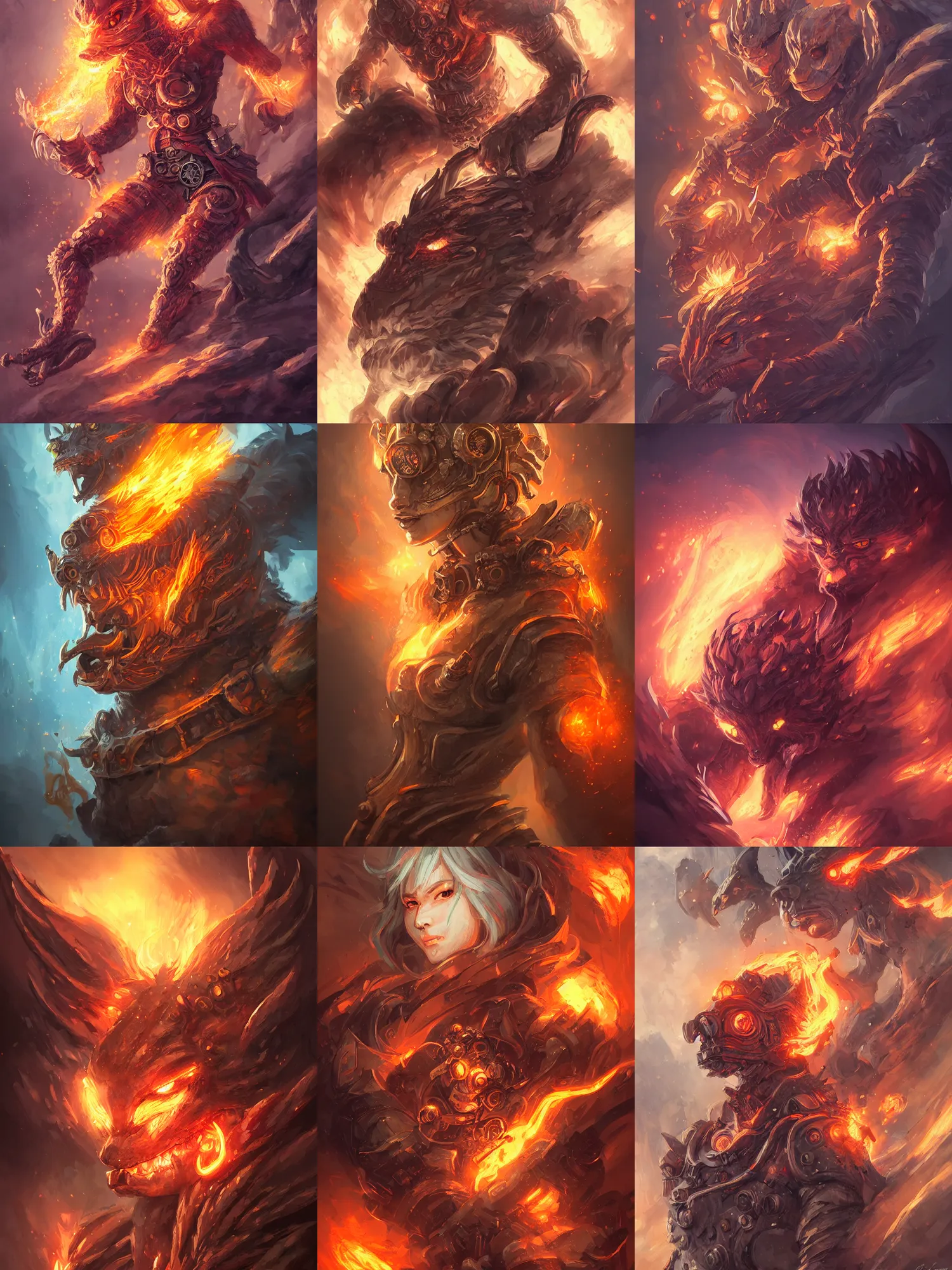 Prompt: portrait of fire elementals, rocky creature, summon, steampunk, high fantasy, highly detailed, sharp focus, high fantasy, by rossdraws