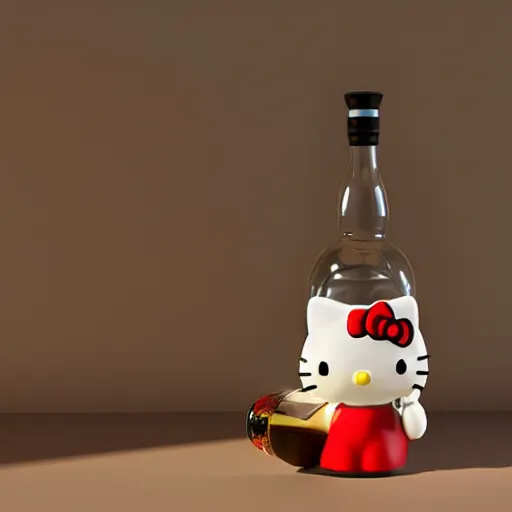 Prompt: a 3d render of hello kitty holding a bottle of whiskey, artstation, by makoto shinkai