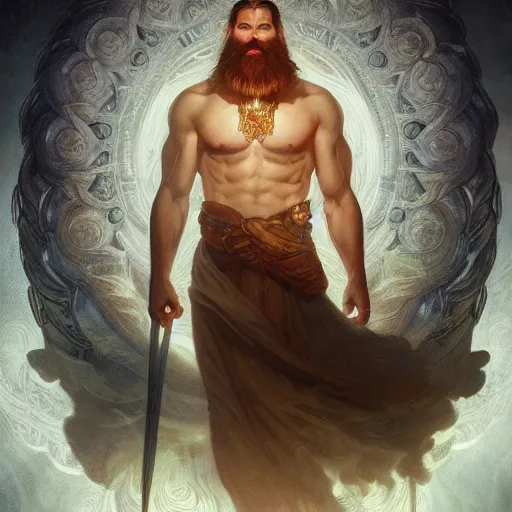 Image similar to portrait of a heavenly god, male, masculine, beard, full body, muscular, fantasy, intricate, elegant, dramatic lighting, highly detailed, digital painting, artstation, concept art, matte, sharp focus, illustration, art by artgerm and greg rutkowski and alphonse mucha