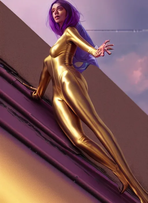 Prompt: young woman sits on the edge of the roof : : purple - gold streets cyberpunk : : weta disney pixar movie still photo : : decadent highly - detailed digital painting, heroic pose, full length shot, golden ratio, octane render, artstation, smooth, sharp focus, artgerm, mucha, loish, wlop, gogo