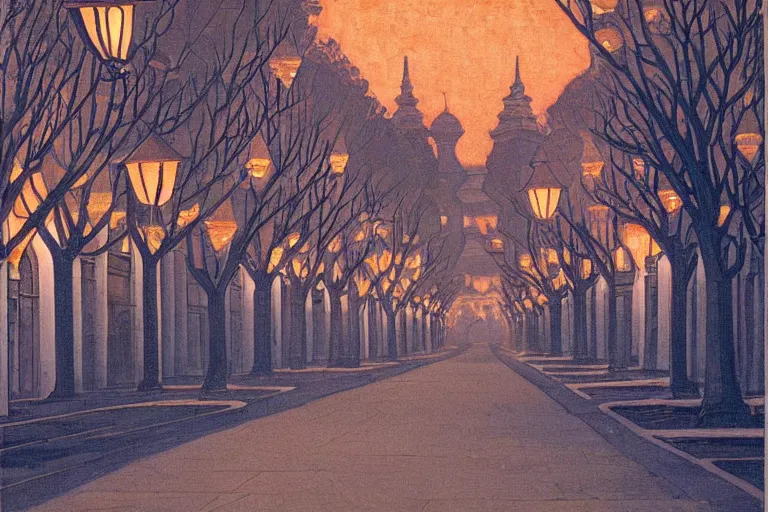 Image similar to tree-lined street at twilight in a very old very beautiful city by Thomas Seddon and Nicholas Roerich, glowing paper lanterns, strong dramatic cinematic lighting , ornate tiled architecture, lost civilizations, smooth, sharp focus, extremely detailed