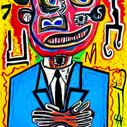 Prompt: detailed abstract neo expressionism chaotic oil painting of sad boy business man depressed with tattoos by basquiat