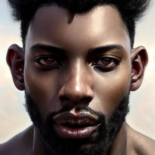 Prompt: portrait painting of a beautiful black man with blade scars and cropped hair wearing a tattered grey coat, ultra realistic, concept art, intricate details, eerie, highly detailed, photorealistic, octane render, 8 k, unreal engine. art by artgerm and greg rutkowski and charlie bowater and magali villeneuve and alphonse mucha