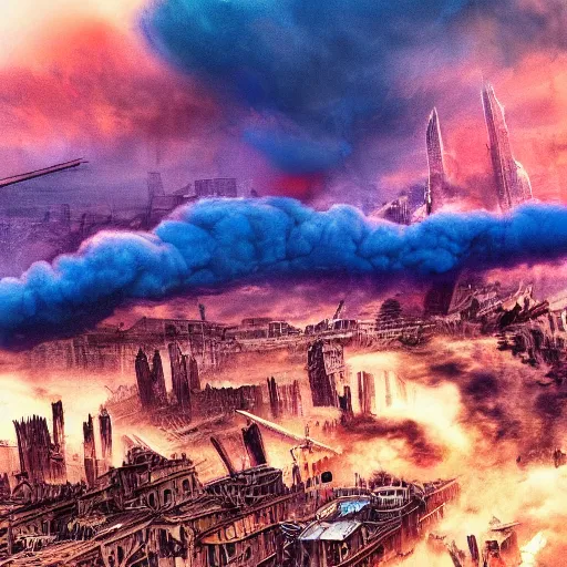 Image similar to destroyed city, dystopian, war, real, thick vivid blue smoke, red clouds, detailed, award winning, masterpiece