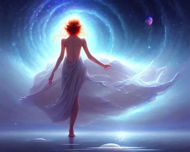 Prompt: a lone beautiful ethereal spirit floating & dancing along the shimmering crystalline shores of eternity, universe and planets and stars in the sky, unusual surreal, gorgeous artwork by artgerm, rutkowski, wlop, detailed, dramatic lighting