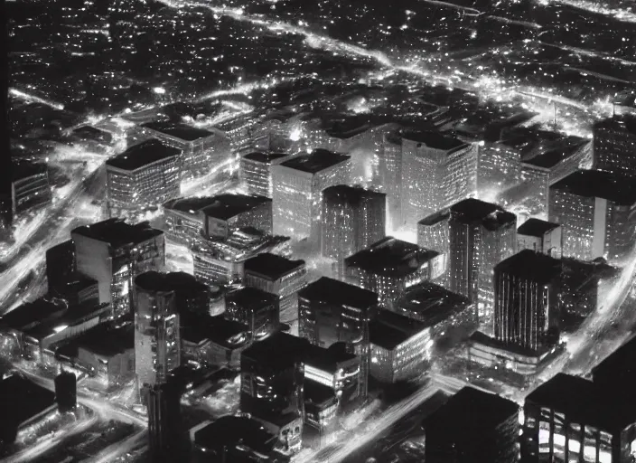 Prompt: a sprawling building complex seen from a dark parking lot in los angeles at night. 1 9 9 0 photo by james cameron