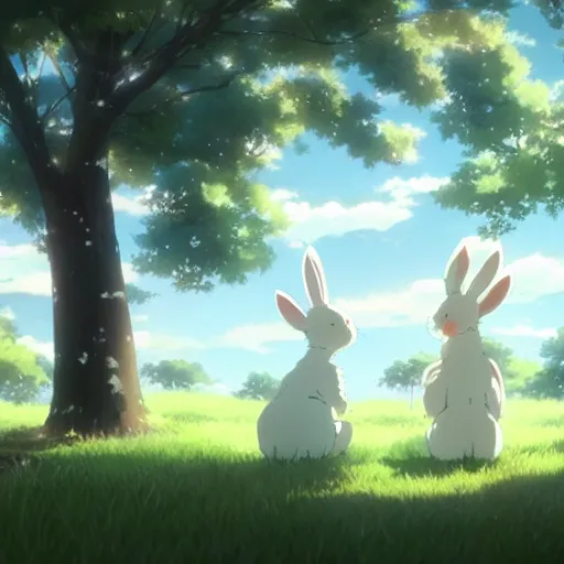 Image similar to A group of white bunny rabbits under the cherry tree, Makoto Shinkai