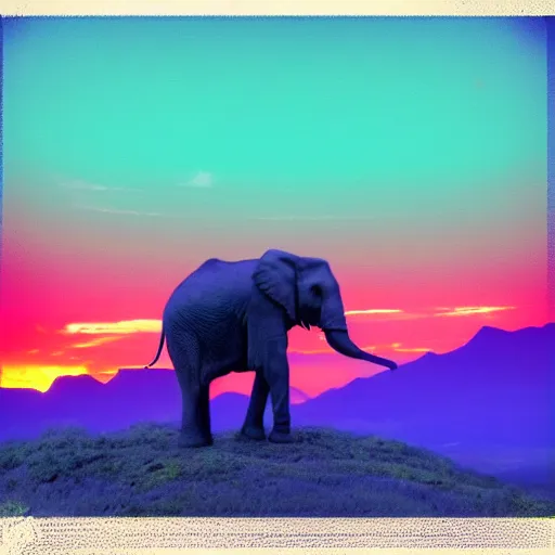 Image similar to a heroic elephant watching yesterday's sunset over the mountains in the style of synthwave