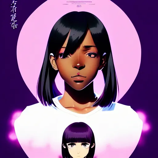 Image similar to anime poster film still portrait of a black young woman, large, purple eyes!!!, white hair!!!!!, french bob, bomber jacket, detailed facial features, dynamic pose, cute face by ilya kuvshinov, yoh yoshinari, makoto shinkai, rimlight, cel shaded, 4 k