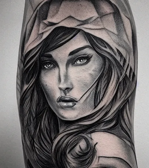 Image similar to tattoo design sketch of a very beautiful woman face against a background of beautiful mountains and nature, hyper - realistic, in the style of den yakovlev, amazing detail, black and white