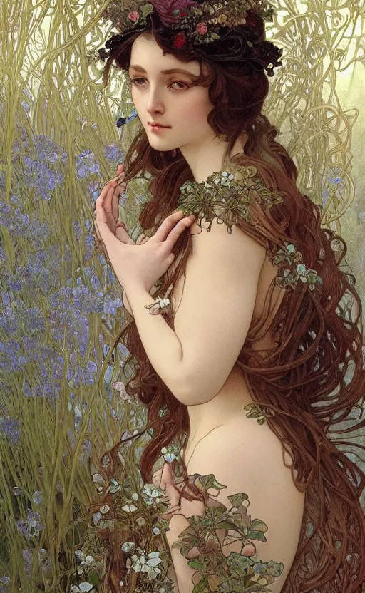 Prompt: hyper-realistic detailed face portrait of young woman in a garden woman by Alphonse Mucha, Ayami Kojima, Amano, Charlie Bowater, Karol Bak, Greg Hildebrandt, Jean Delville, and Mark Brooks, Art Nouveau, Neo-Gothic, gothic, rich deep moody colors