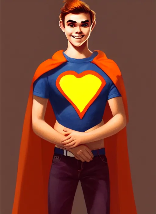 Image similar to friendly teenage archie andrews wearing an orange superhero costume with heart logo, freckles, superhero costume, heart emblem on chest, cape, intricate, elegant, glowing lights, highly detailed, digital painting, artstation, sharp focus, illustration, art by wlop, mars ravelo and greg rutkowski