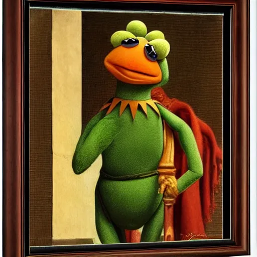 Image similar to kermit the frog : : framed : : fancy portrait : : decorated military uniform : : 8 k, highly detailed, clean lines, line work, intricate : : painting by john william godward