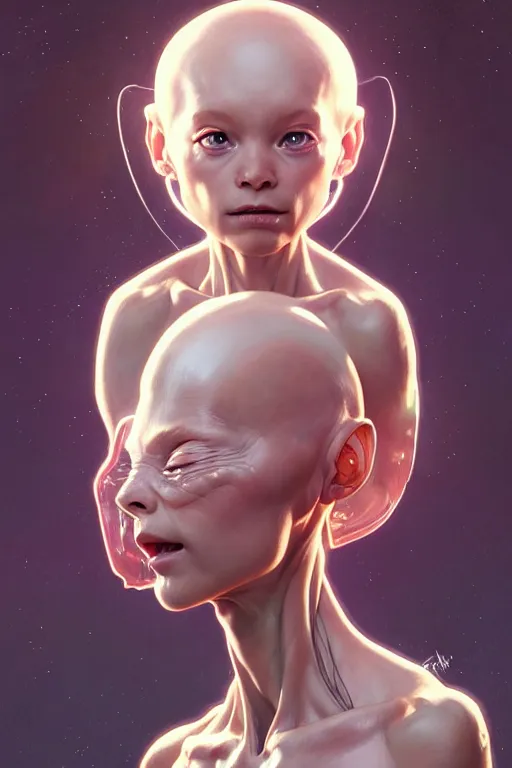 Image similar to clear portrait of a baby alien, cottagecore!!, background hyper detailed, character concept, full body, dynamic pose, intricate, elegant, highly detailed, digital painting, artstation, concept art, smooth, sharp focus, illustration, art by artgerm and greg rutkowski and alphonse mucha