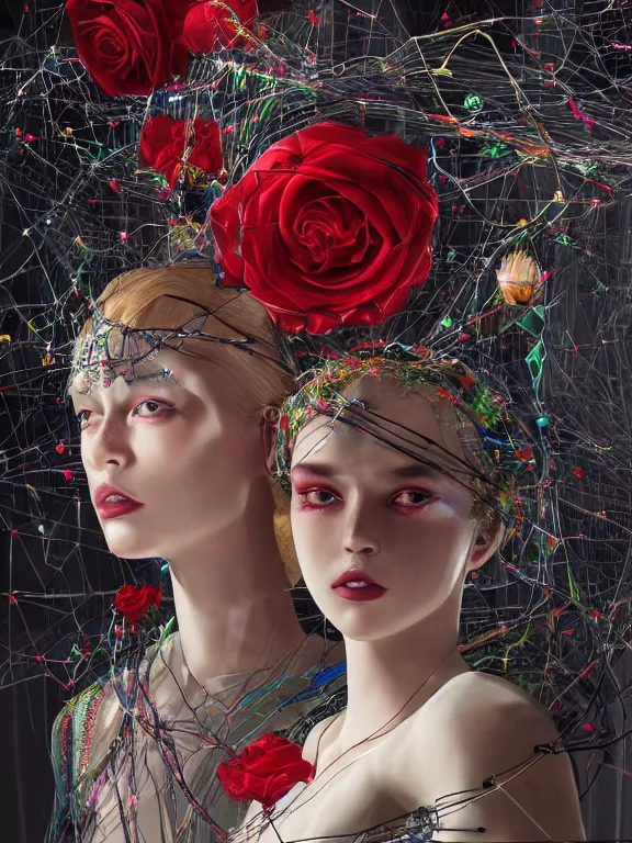 Image similar to a complex 3d concept art ultra detailed of two tulle wrapped perfect human face female half android queens praying together with wires tangled behind them connected to giant computer,bowknot, fine lace. GUCCI,sculpture,red rose, sparkling, jewel embellishment, cyberpunk 2077, film lighting, by Stanely Artgerm, Tom Bagshaw, Andrei Riabovitchev, aaron horkey, trending on pinterest,ZBrush, full of color, luxury, mythological, ultra realistic, high detail,golden ratio,cinematic lighting