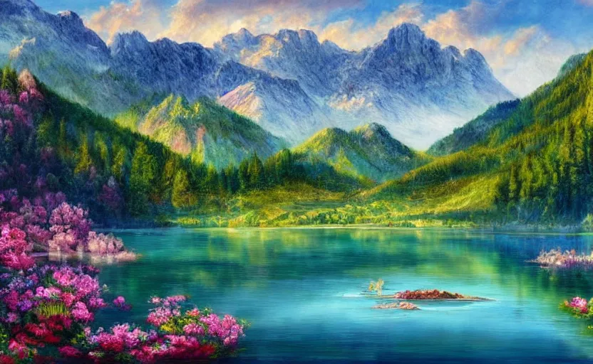 Image similar to beautiful award winning mythical painting of an austrian lake, 4 k, ultra hd