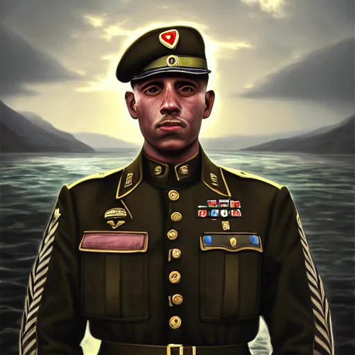 Prompt: A Hearts of Iron IV portrait of a soldier in front of a river. Highly detailed, fine Art, high detail, great lighting, 8k resolution, masterpiece, concept art, illustration, clear eyes, painting oil on canvas, octane render, HDR, trending on artstation, 4k, 8k, HD