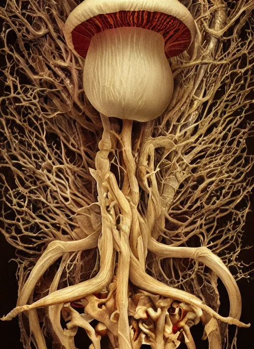 Image similar to portrait of a magic mushroom with translucent skin, visible muscles and veins and arteries and bones and spines and nerves, beautiful detailed intricate insanely detailed octane render, 8k artistic photography, photorealistic, chiaroscuro, by David Cronenberg, Raphael, Caravaggio