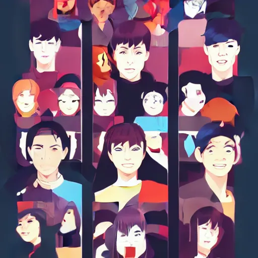 Image similar to grid of smiling faces, clean cel shaded vector art. shutterstock. behance hd by lois van baarle, artgerm, helen huang, by makoto shinkai and ilya kuvshinov, rossdraws, illustration