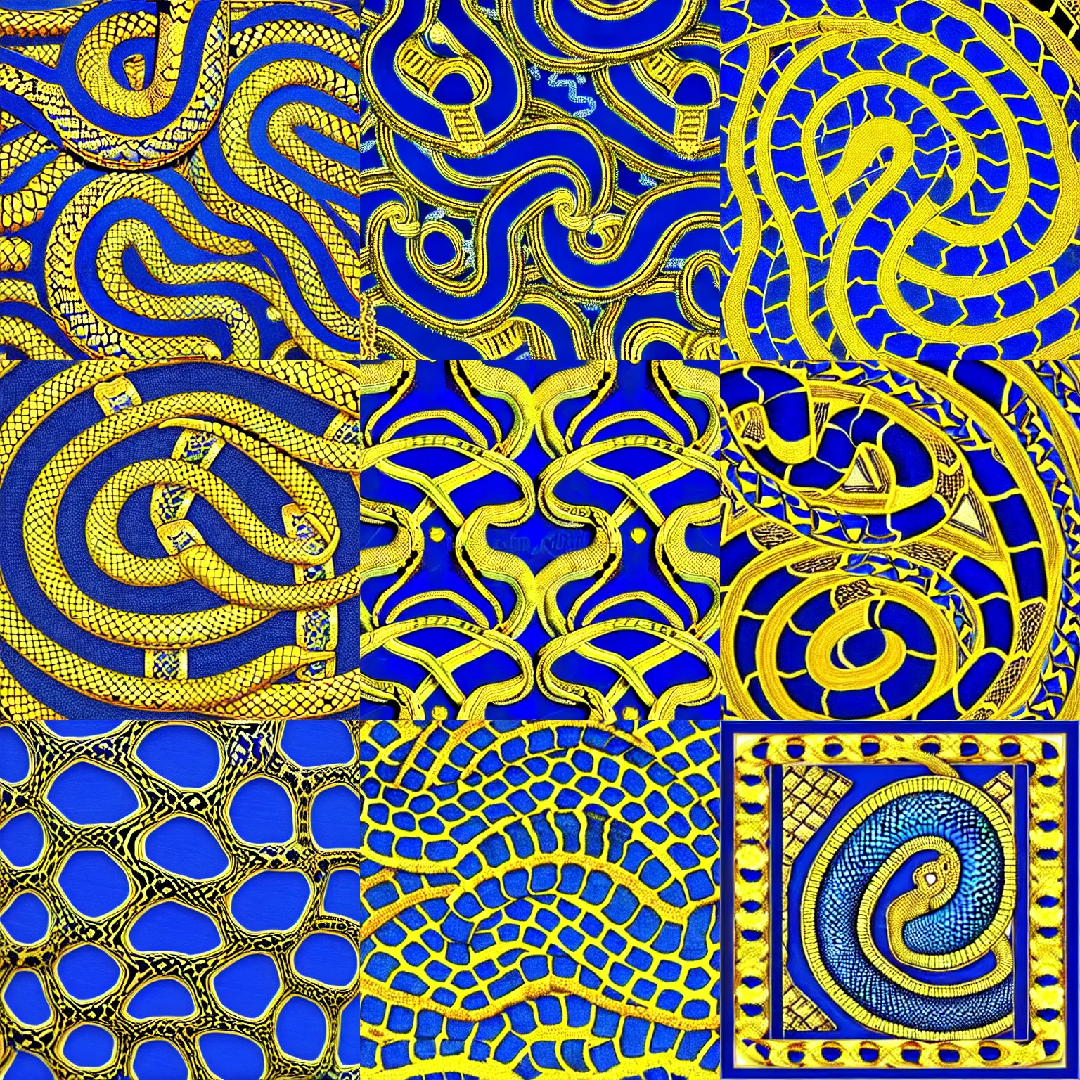 Prompt: blue and gold pythons intwined, python, programming, symmetric,mosaic, Roman, classic, vibrant, intricate, contrast