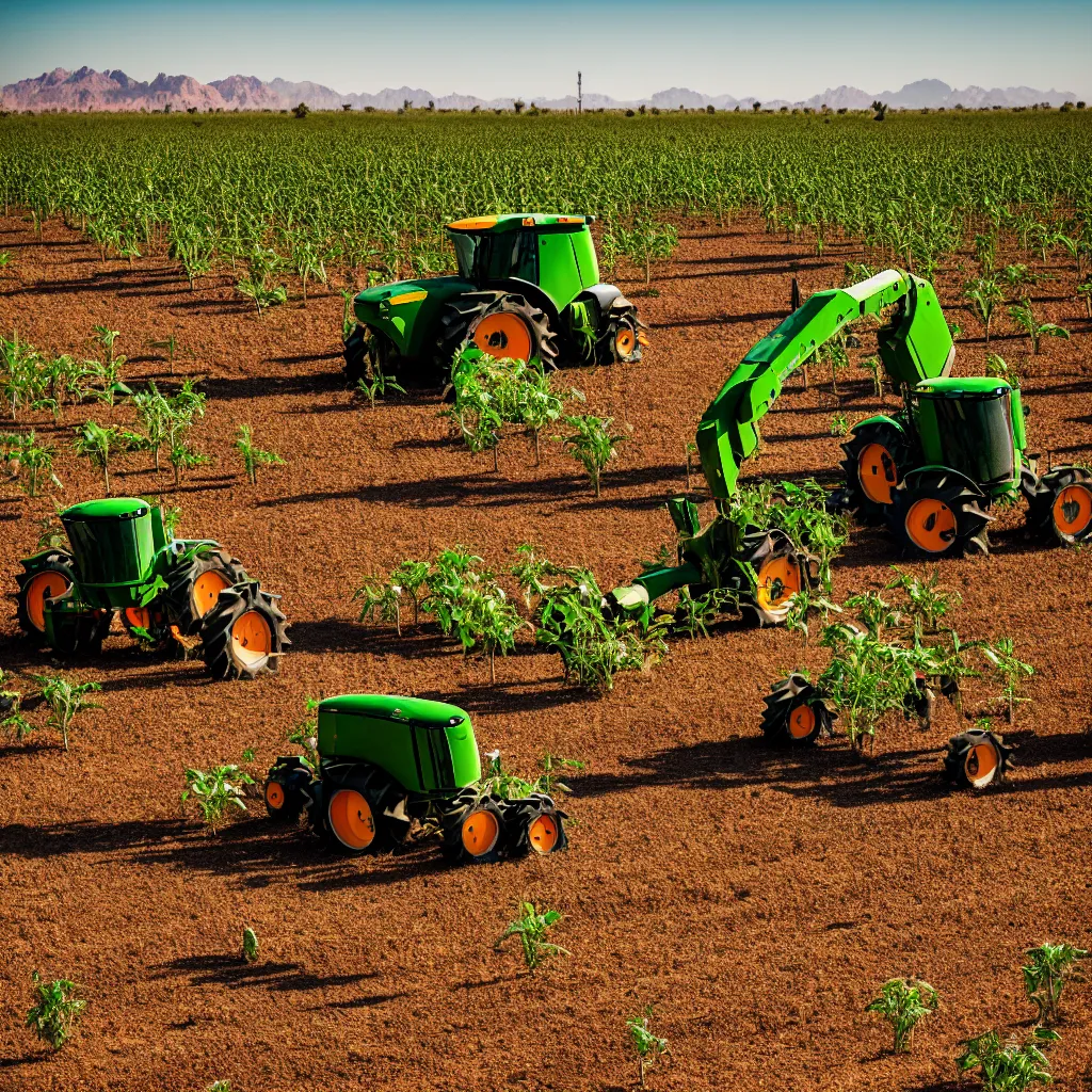 Image similar to robotic farming machinery maintaining a permaculture jungle in the desert, XF IQ4, 150MP, 50mm, F1.4, ISO 200, 1/160s, natural light