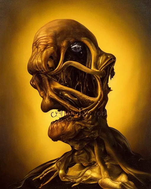 Prompt: refined gorgeous blended oil painting with black background by christian rex van minnen rachel ruysch dali todd schorr of a chiaroscuro portrait of an extremely bizarre disturbing old wrinkled man with shiny alien skin dutch golden age vanitas intense chiaroscuro cast shadows obscuring features dramatic lighting perfect composition masterpiece