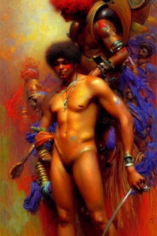 Image similar to attractive male, character design, colorful, afrofuturism, painting by gaston bussiere