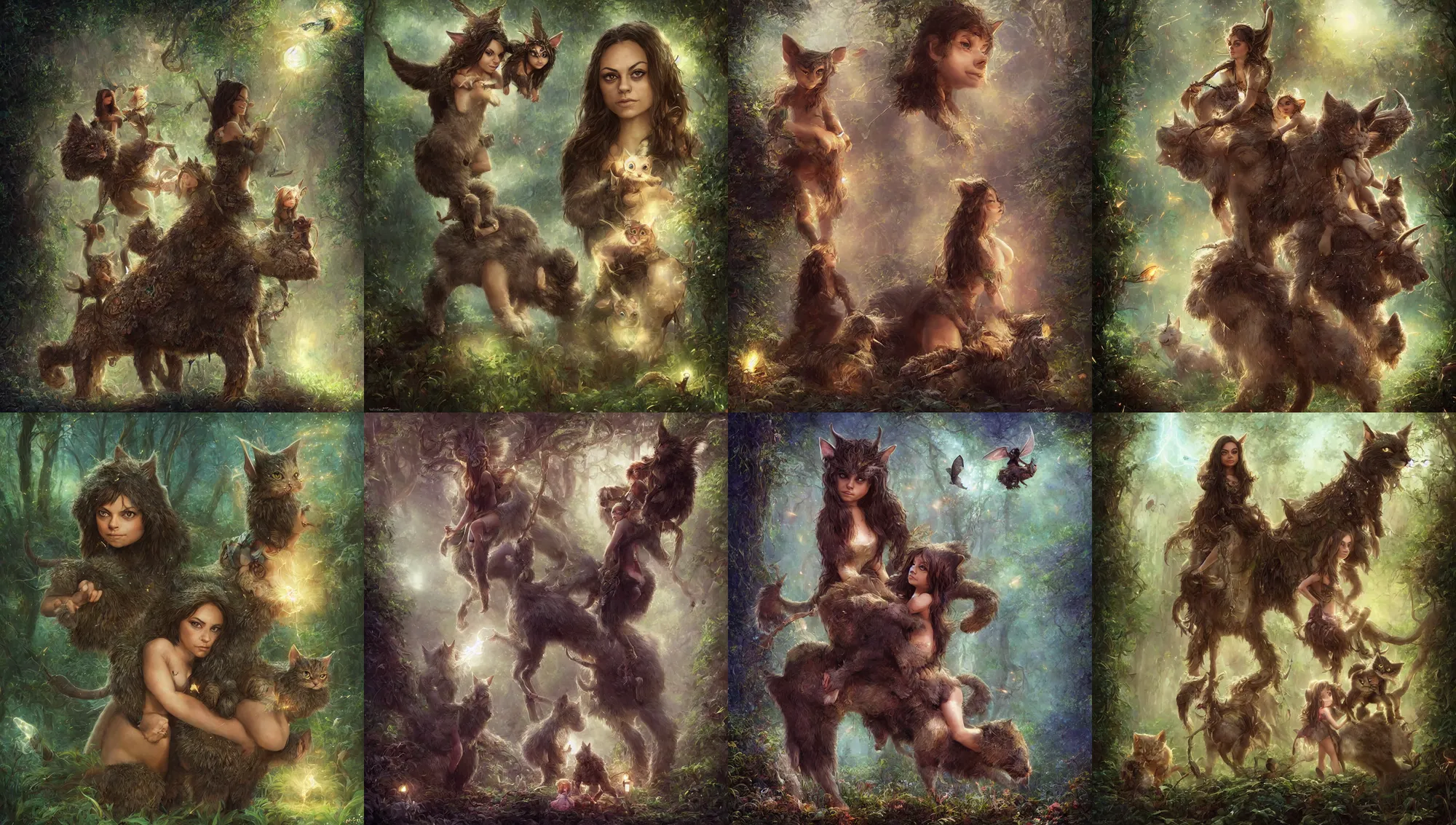 Prompt: portrait of wondrous little mila kunis mounted on a large fluffy cat warrior through mystical mythical elven forest, fireflies, electricity, wlop, steve argyle, ilya kuvshinov, ralph horsley, rossdraw, mark ryden, daniel f. gerhartz, sophie anderson, lilia alvarado, tom chambers