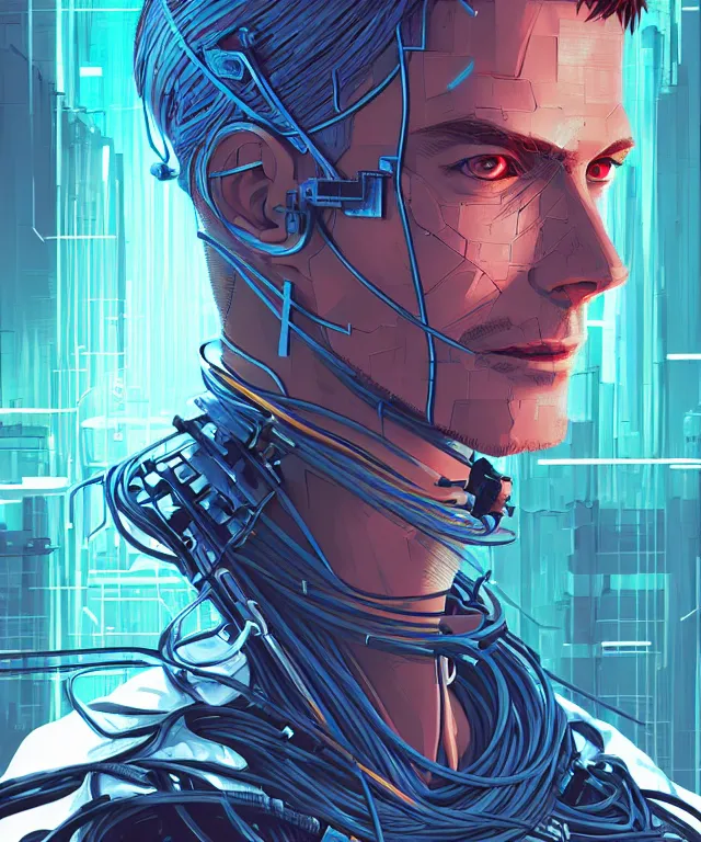 Image similar to a portrait of a male cyberpunk netrunner made of cables, fantasy, elegant, digital painting, artstation, concept art, matte, sharp focus, illustration, art by josan gonzalez