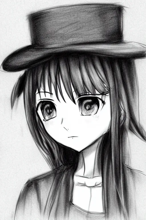 Prompt: highly detailed, cute loli in a tall black top hat, face profile, pencil sketch, gray scale, anime style