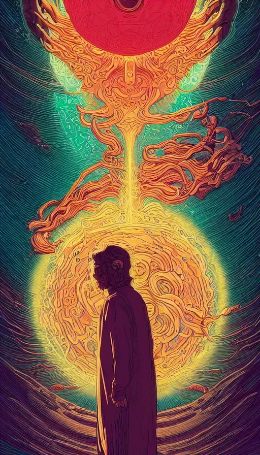 Image similar to the oracle of psychedelic bibliophiles on cosmic cloudscape, futurism, dan mumford, victo ngai, kilian eng, da vinci, josan gonzalez