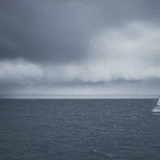 Prompt: a sailing boat in stormy weather